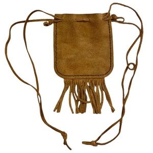Small fringe brown leather pouch. Drawstring, tassels. Great for festivals.